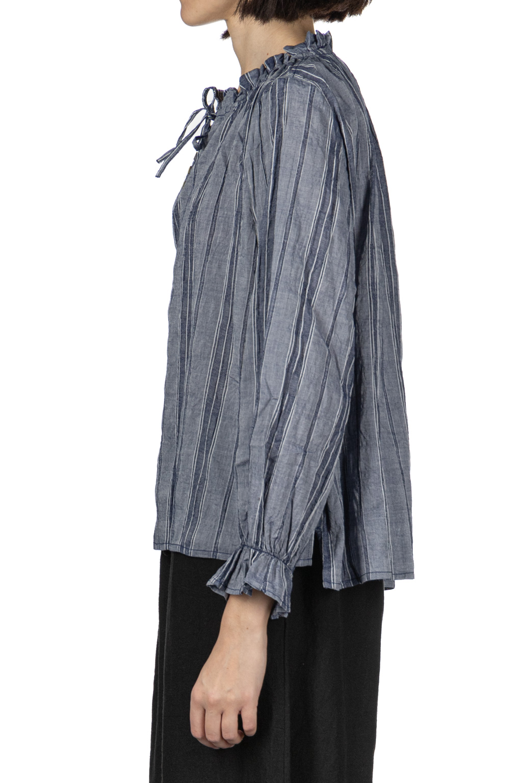 A+koloni - Stripe Frilled Blouse - Navy