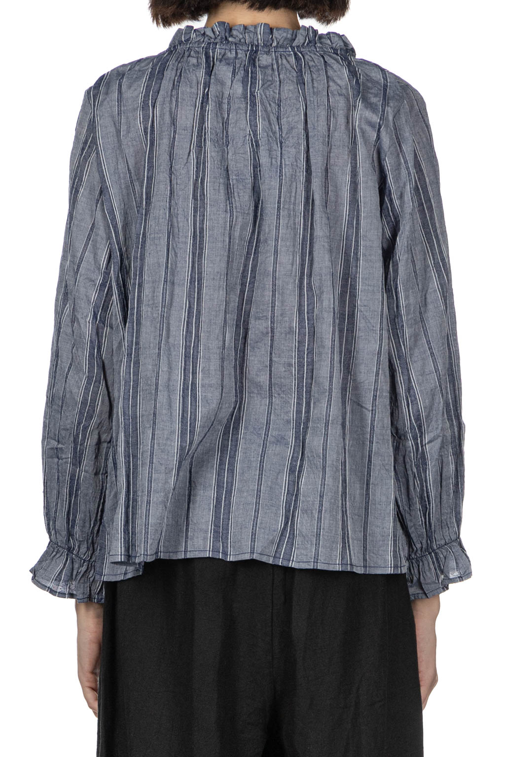 A+koloni - Stripe Frilled Blouse - Navy