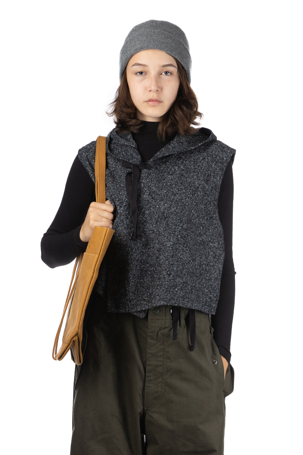 Engineered Garments Hooded Knit Vest Charcoal Wool Poly Melange Knit Women Blue Button Shop