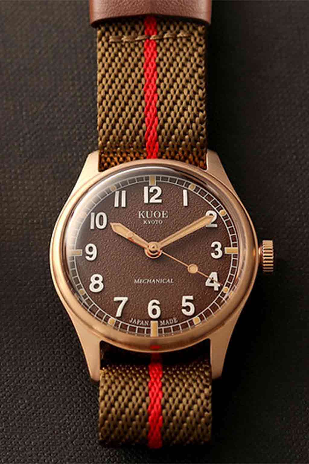 Kuoe Watch - OLD SMITH 90-002 38mm Bronze Case Brown Dial - Khaki x Red Stripe