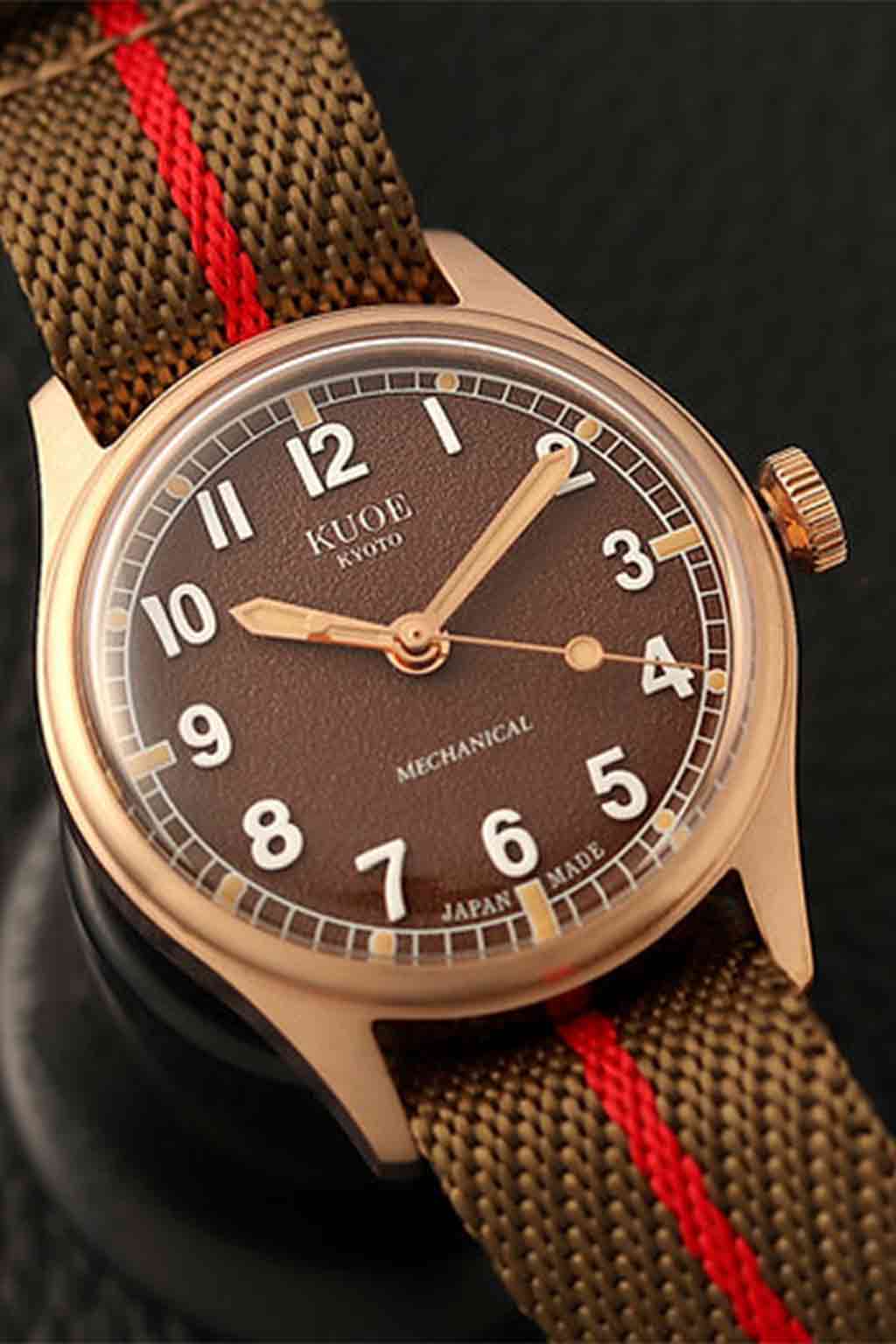 Kuoe Watch - OLD SMITH 90-002 38mm Bronze Case Brown Dial - Khaki x Red Stripe