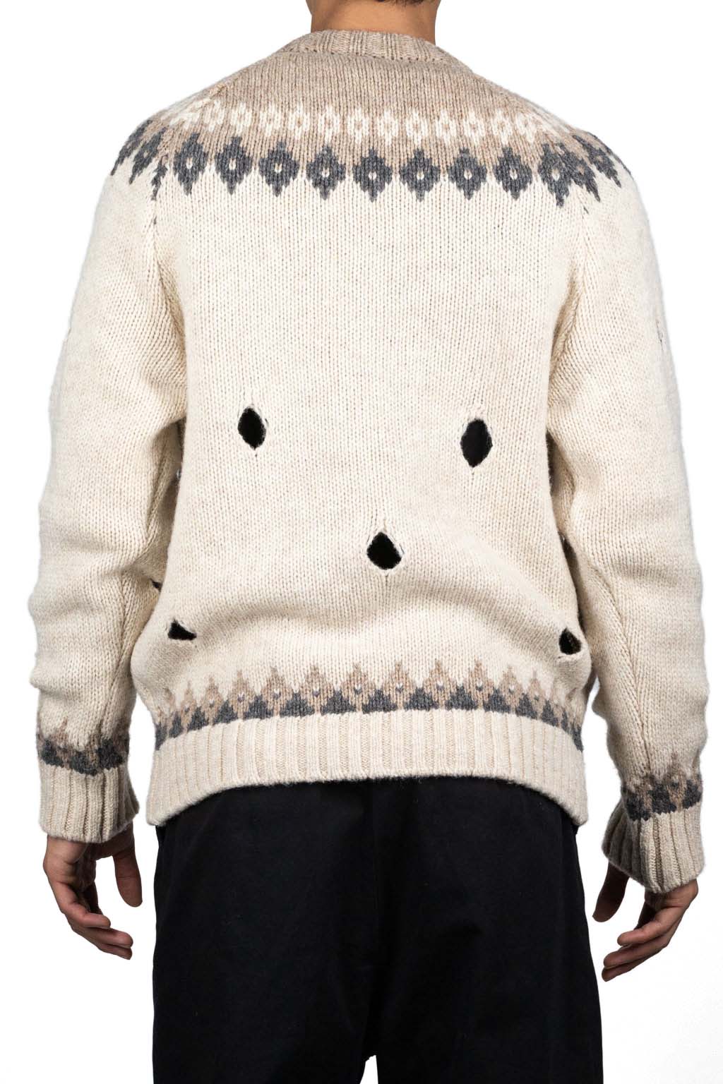 Kapital 3G Wool NORDIC Hole Punch Raglan Crew Sweater - Natural