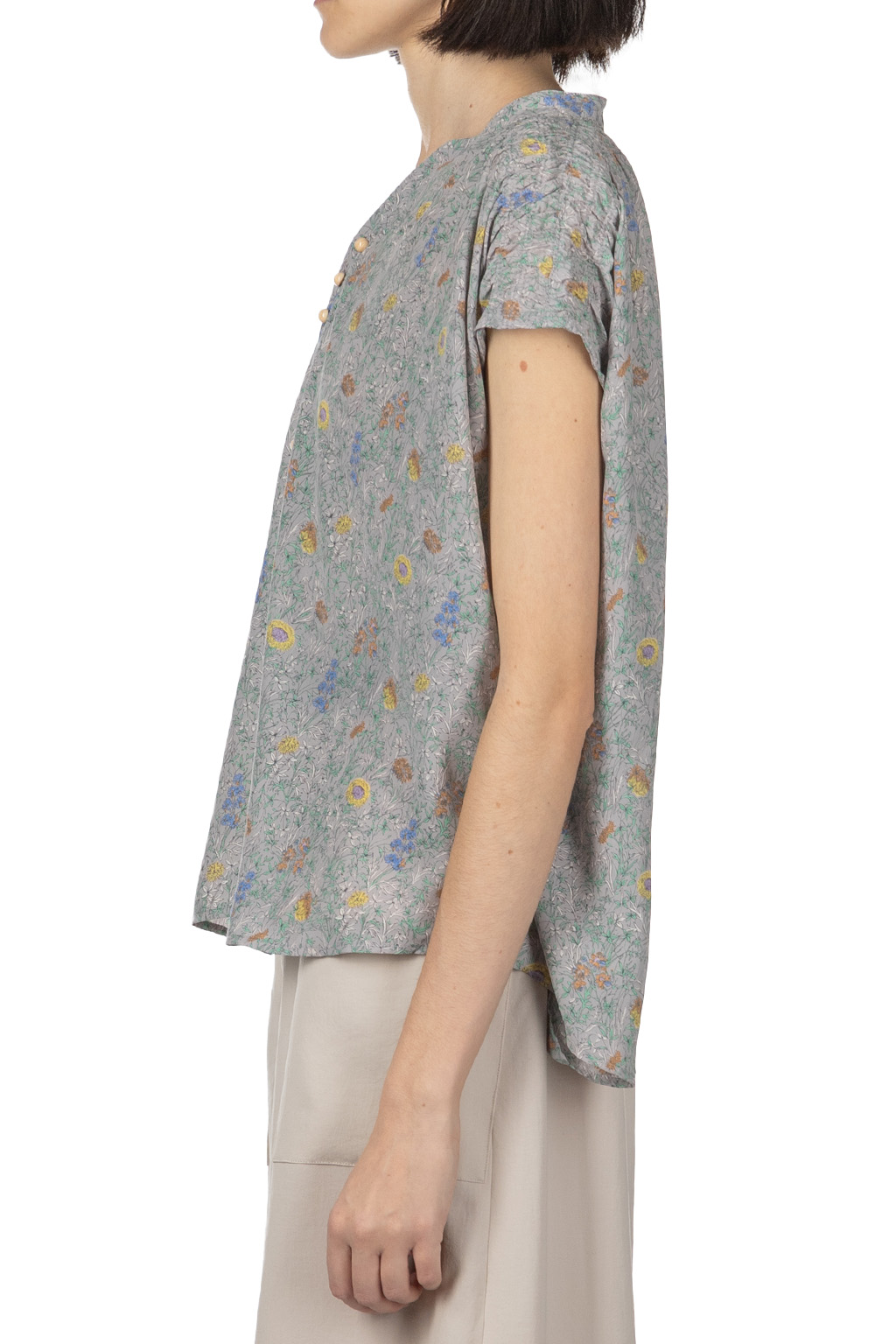 Manon - Liberty Flower V-Neck Shirring Blouse - Grey