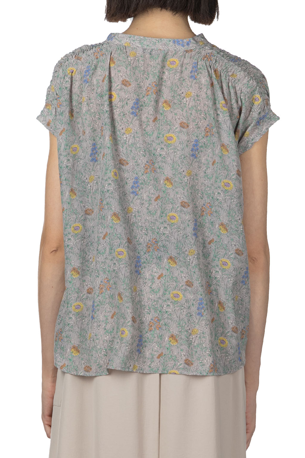 Manon - Liberty Flower V-Neck Shirring Blouse - Grey