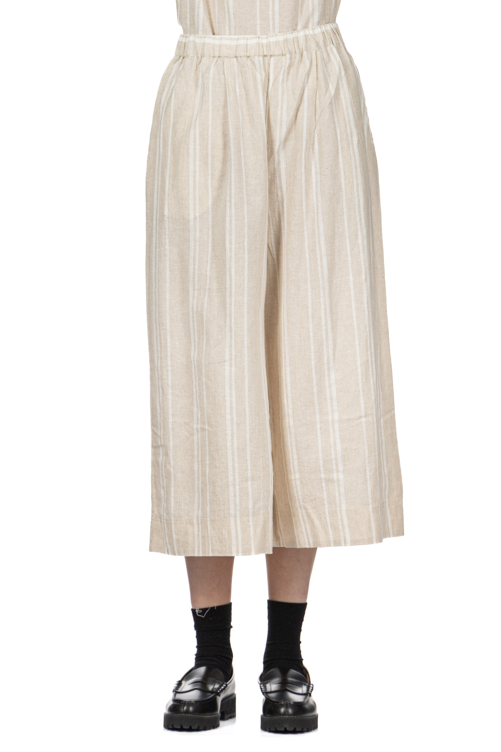 Nachukara - Linen Cotton Check Gather Pants - Natural Stripe