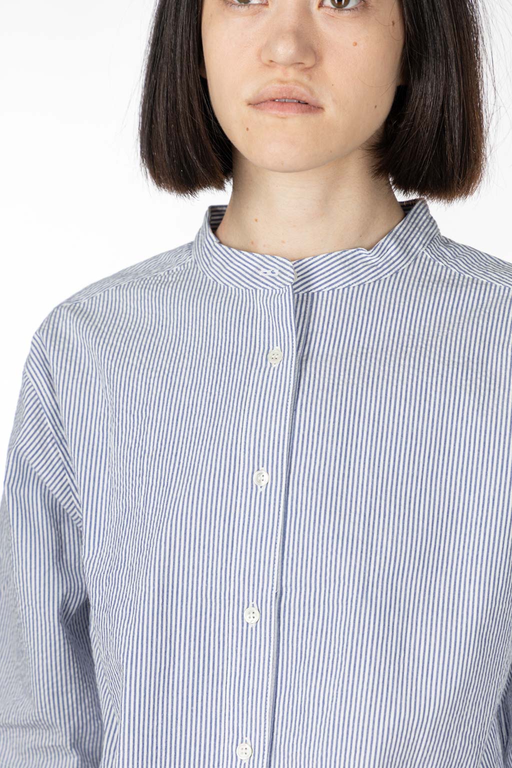 Nachukara - Seersucker Band Collar Blouse - Blue