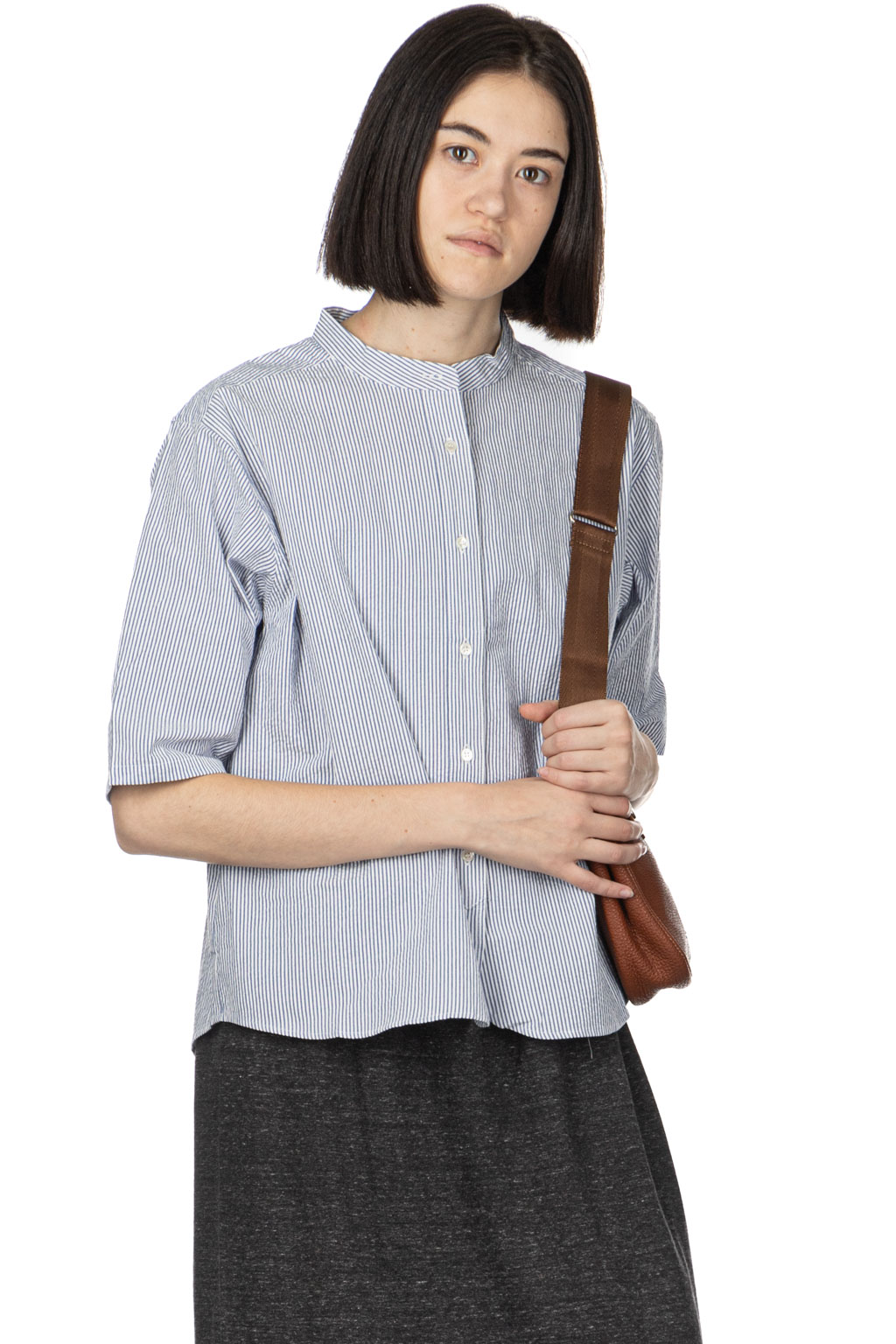 Nachukara - Seersucker Band Collar Blouse - Blue