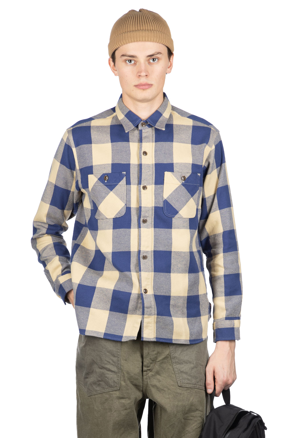 Sugar Cane | Twill Check LS Work Shirt - Beige | Men | Blue Button Shop